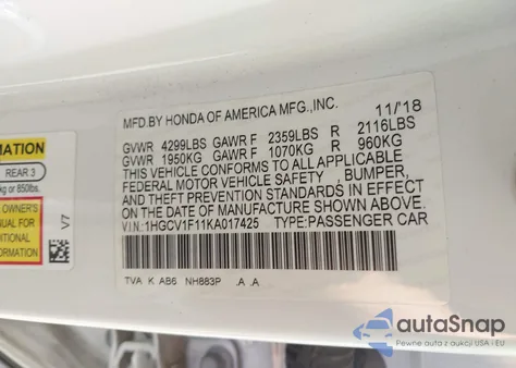 2019 Honda Accord Lx 1.5T z USA, uszkodzony, nr VIN 1HGCV1F11KA017425